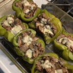 Vegan Philly cheesesteak stuffed peppers.