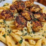 GARLIC CHICKEN BITES WITH CREAMY CHEESY PENNE PASTA