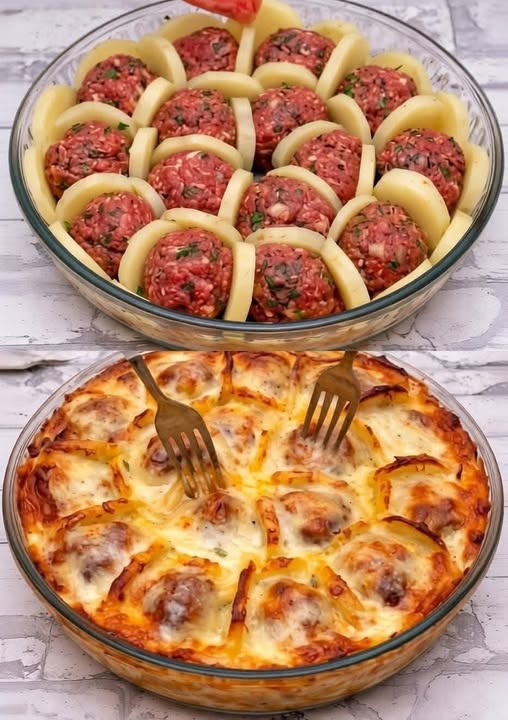 Cheesy Meatball & Potato Bake