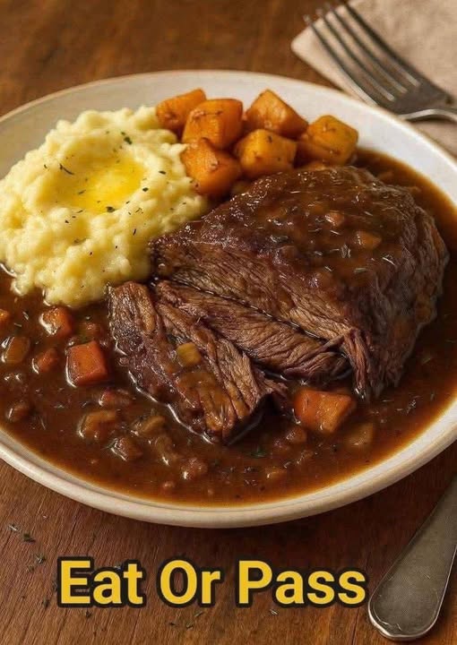 Pot Roast with Gravy Over Creamy Mashed Potatoes