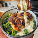 Keto Grilled Chicken & Broccoli Bowls with Creamy Garlic Sauce