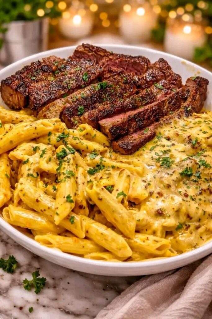 Mediterranean Garlic Parmesan Steak Penne with Creamy Cajun Sauce
