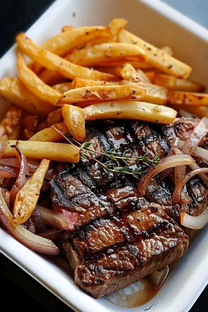 Mediterranean Ribeye Steak with Caramelized Onions & Golden Fries