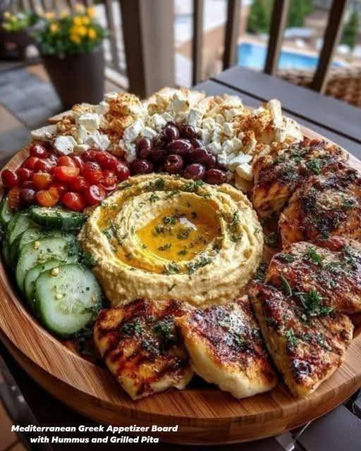 Mediterranean Greek Appetizer Board with Hummus and Grilled Pita