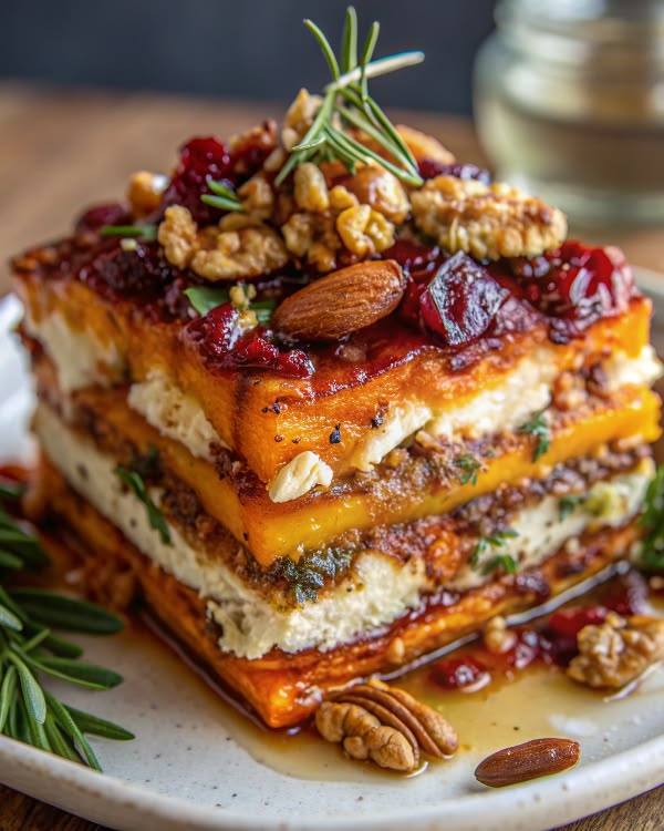 Mediterranean Layered Sweet Potato, Butternut Squash, Carrot Lasagna with Feta, Walnuts & Cranberry-Honey Glaze