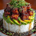 Mediterranean Sticky Honey Soy Chicken & Avocado Rice Stack