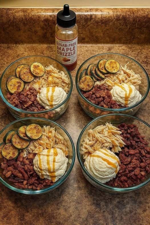 Protein Bowls: Zucchini Rounds with Shredded Chicken, Whipped Ricotta, Crispy Turkey Bacon & Sugar-Free Maple Drizzle