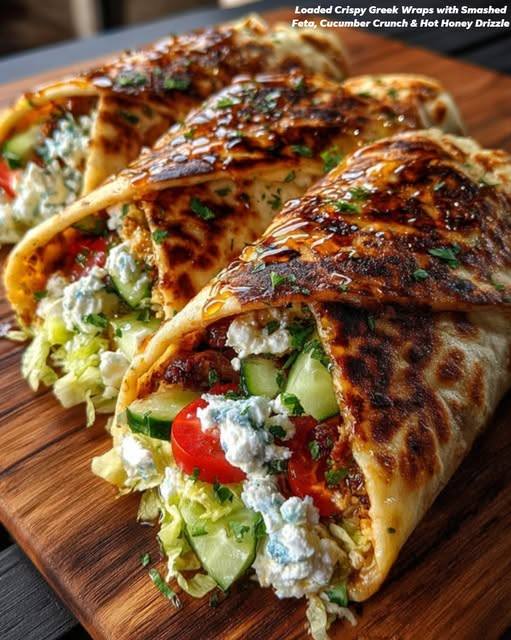 Loaded Crispy Greek Wraps with Smashed Feta, Cucumber Crunch & Hot Honey Drizzle